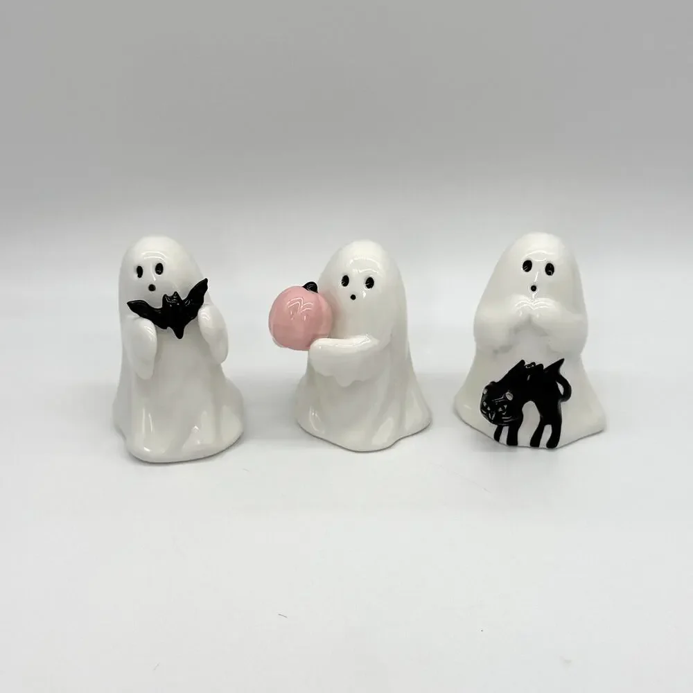 Set of 3 Target Hyde & Eek Ceramic Ghost w/ Pink Pumpkin Bat & Cat Halloween NEW
